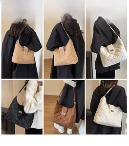 Quilted crossbody bag shown in various colors on models with a stylish silver twist lock