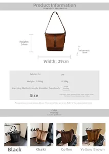 Size chart showing dimensions for vintage PU suede bucket bag with adjustable strap