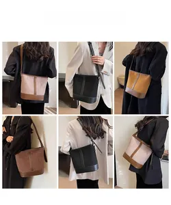 Multiple views showing various colors of the minimalist leather bucket bag on a model