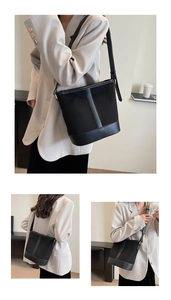 Detailed views of a black matte bucket bag featuring adjustable straps and patchwork design