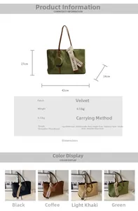 Detail view of large velvet tote bag specifications with dimensions and multiple color options