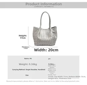Size chart showing dimensions and PU material specs for the woven texture tote bag