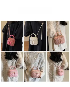 Detail shots of women's plaid tweed mini box bags showing chain straps and various colors