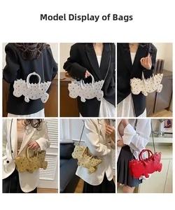 Detail view of stylish dinosaur-shaped rivet bags in silver, gold, and red options