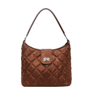 Elegant brown quilted PU leather shoulder bag with silver rotating lock closure