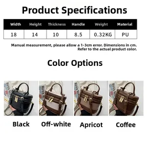 Size guide for PU leather crossbody bag showing dimensions 18x14x10cm and four colors