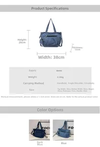Detail of denim tote bag with external zip pocket and dimensions shown for daily use