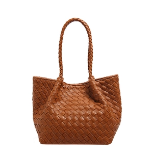 Brown woven PU leather tote bag featuring handcrafted Intrecciato style with dual handles
