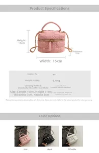 Quilted heart texture mini box bag details showing dimensions and triple color options