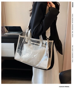 Detail of transparent PVC jelly tote bag with interior pouch and wide fabric shoulder strap