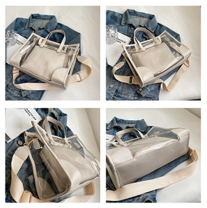 Detailed views of a transparent PVC jelly tote bag with beige leather trim and inner pouch