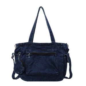 Retro deep blue denim tote bag with metal zipper pocket and mini round coin purse charm