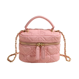 Pink heart quilted mini box bag with gold chain strap and top handle for women