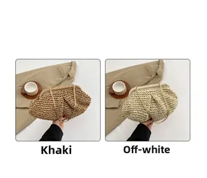 Close-up of khaki and beige woven bags with delicate gold metal chain straps