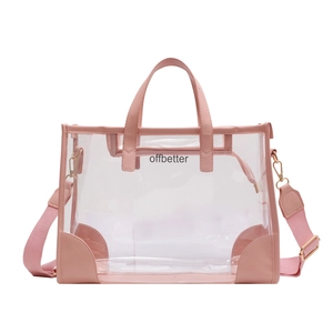 Pink transparent PVC jelly tote bag with wide strap and offbetter branding for summer