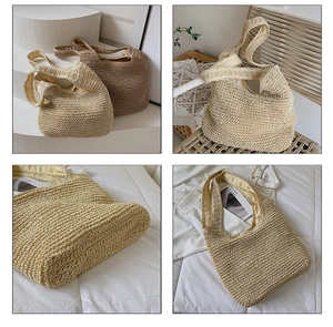 Détails du sac cabas en paille tissé main avec doublure en tissu et bandoulière tressée