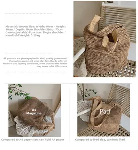 Dimensions détaillées du grand sac de plage tressé 40x30x10cm avec détails de la bandoulière