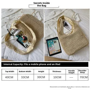 Guide des tailles pour grand sac en paille avec dimensions pour iPad et téléphone