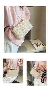 Detail of hand-woven pearl handbag featuring large pearl handle and fine beaded chain