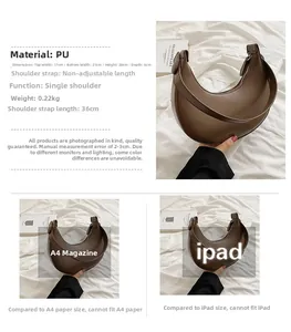 Brown PU leather crescent shoulder bag with measurements 21x20x6cm and fixed strap