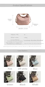 Vue détaillée du sac hobo plissé en PU avec mesures de taille et six coloris disponibles