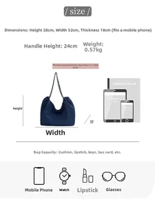 Guide des tailles détaillé pour grand sac fourre-tout en denim avec dimensions précises