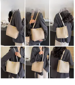 Litchi pattern bucket bag with golden clasp shown from various model wearing angles