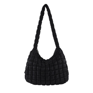 Chic black quilted bubble cloud bag with stylish pleated texture and padded shoulder strap