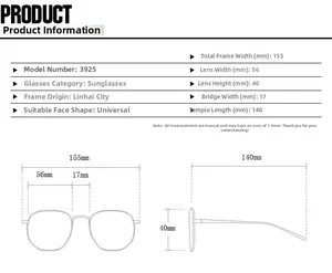Detailed size chart for square sunglasses showing lens width and temple length measurements
