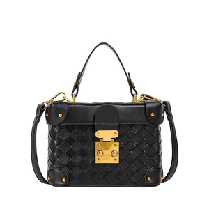 Classic black woven trunk bucket bag with gold hardware and top handle for women