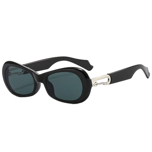Retro oval sunglasses with glossy black frames and unique silver metal carabiner hinges