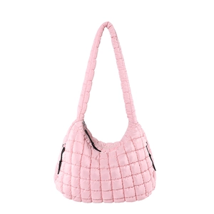 Lightweight pink quilted hobo bag with padded bubble texture and spacious interior