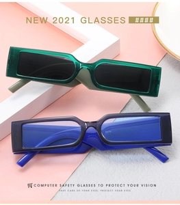 Detail view of model 5276 rectangular cyberpunk sunglasses in green and blue frames