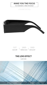Detail of cyberpunk rectangular sunglasses featuring wide temples and waterproof HD lenses