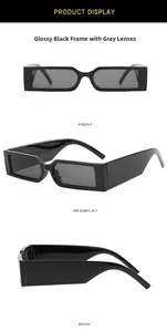 Three-angle product display of rectangular cyberpunk sunglasses in glossy black and grey