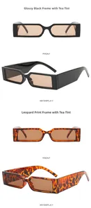 Front and side view of narrow rectangular sunglasses in black and leopard frames