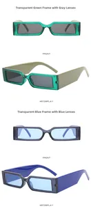 Detail view of cyberpunk narrow rectangular sunglasses in green and blue transparent frames