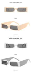Detail view of rectangular cyber-punk sunglasses in beige and white color options