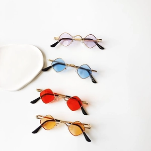 Fashionable retro diamond-shaped kids sunglasses with gold metal frames in four vibrant colors