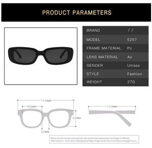 Detailed size specifications for PC frame sunglasses with AC lenses and 5257 model dimensions
