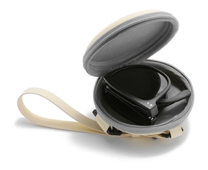 Folded black sunglasses displayed with a round beige EVA zipper storage case and strap