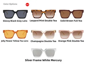 Matrix display of square sunglasses in seven colors including leopard and champagne