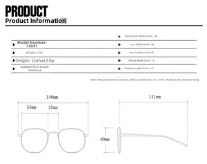 Detailed size chart for square metal chain sunglasses showing frame width and lens dimensions