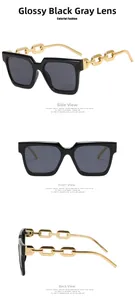 Detail view of square black sunglasses featuring elegant gold metal chain temples