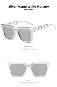 Close-up of square metal chain sunglasses with silver reflective mirror lenses