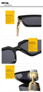 Close-up of reinforced hinges and integrated nose pads on black chain sunglasses