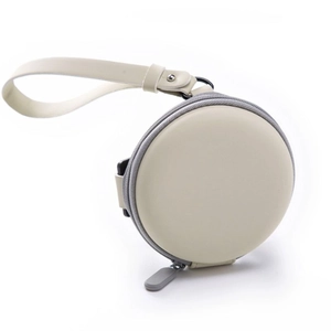 Portable round EVA sunglasses case with zipper and hanging strap in beige finish