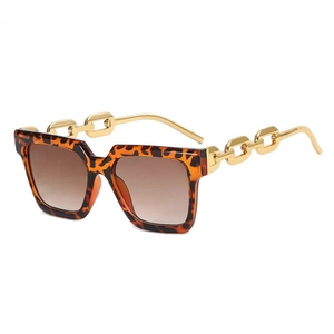 Fashionable leopard print square sunglasses with chunky gold chain metal temples