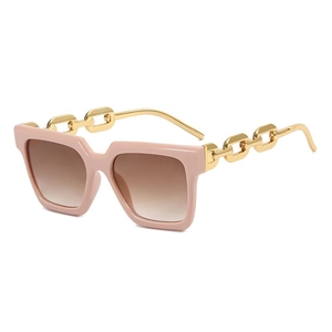 Pink square chunky sunglasses with gold metal chain temples and brown gradient lenses