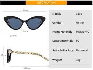 Spécifications de taille pour lunettes de soleil œil de chat 3201 avec branches chaîne